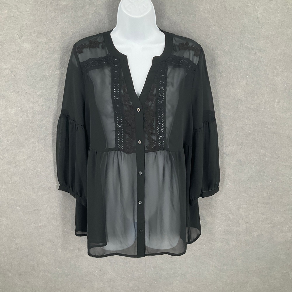 LC‎ Lauren Conrad Black Sheer Lace Button Down Blouse Womens Sz M Bohemian